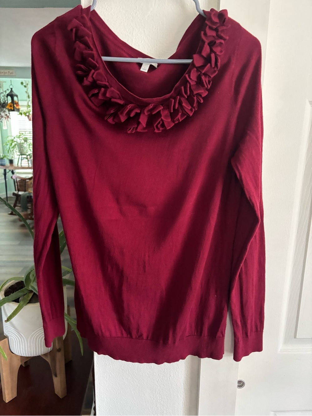 Talbots Burgundy Ruffle-Trim Scoop Neck Sweater